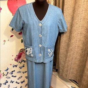 Vintage 1990’s blue denim hand painted fish design 2pc jacket and dress. Size M.